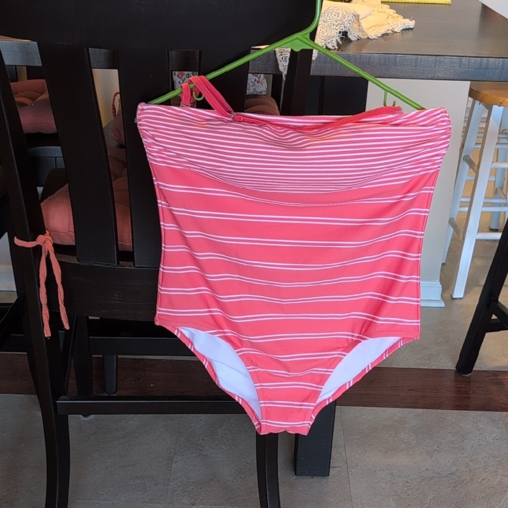 Kona Sol Peach and White Striped One Piece Swimsuit